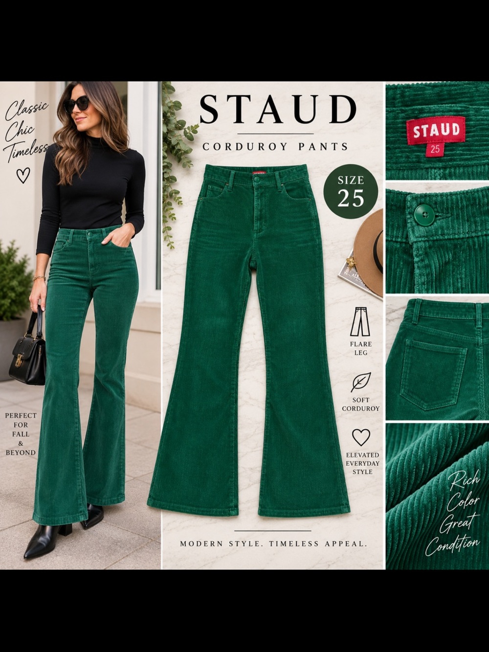STAUD Green Corduroy Flare Pants Women’s Size 25 High Rise